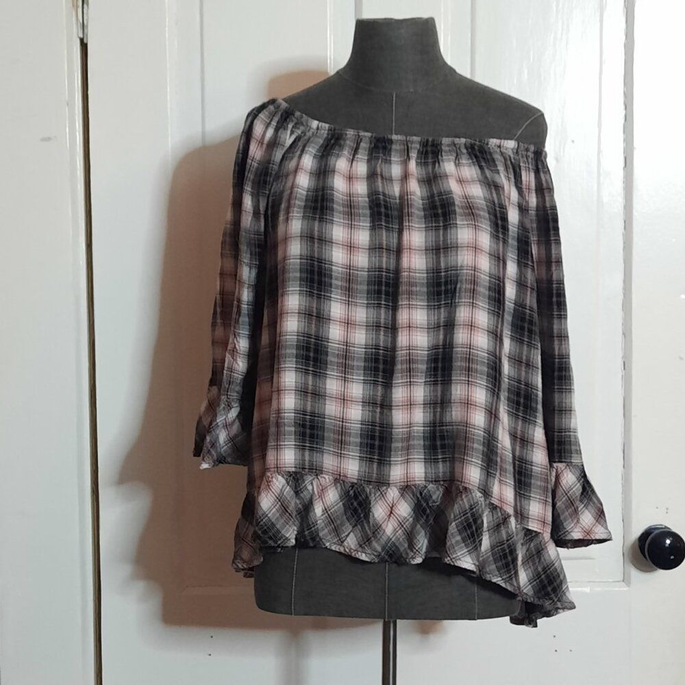 Faded Glory Black White Pink Plaid Off Shoulder Grunge Blouse Ruffle Flannel 2X